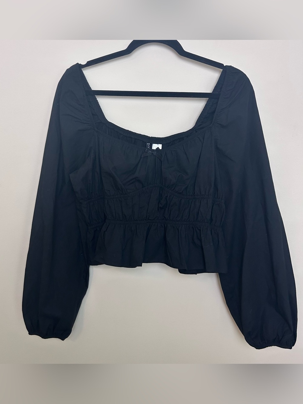 Peasant Crop Top Black M Cottage Core Tie Front Neckline Milkmaid Boho Smocked